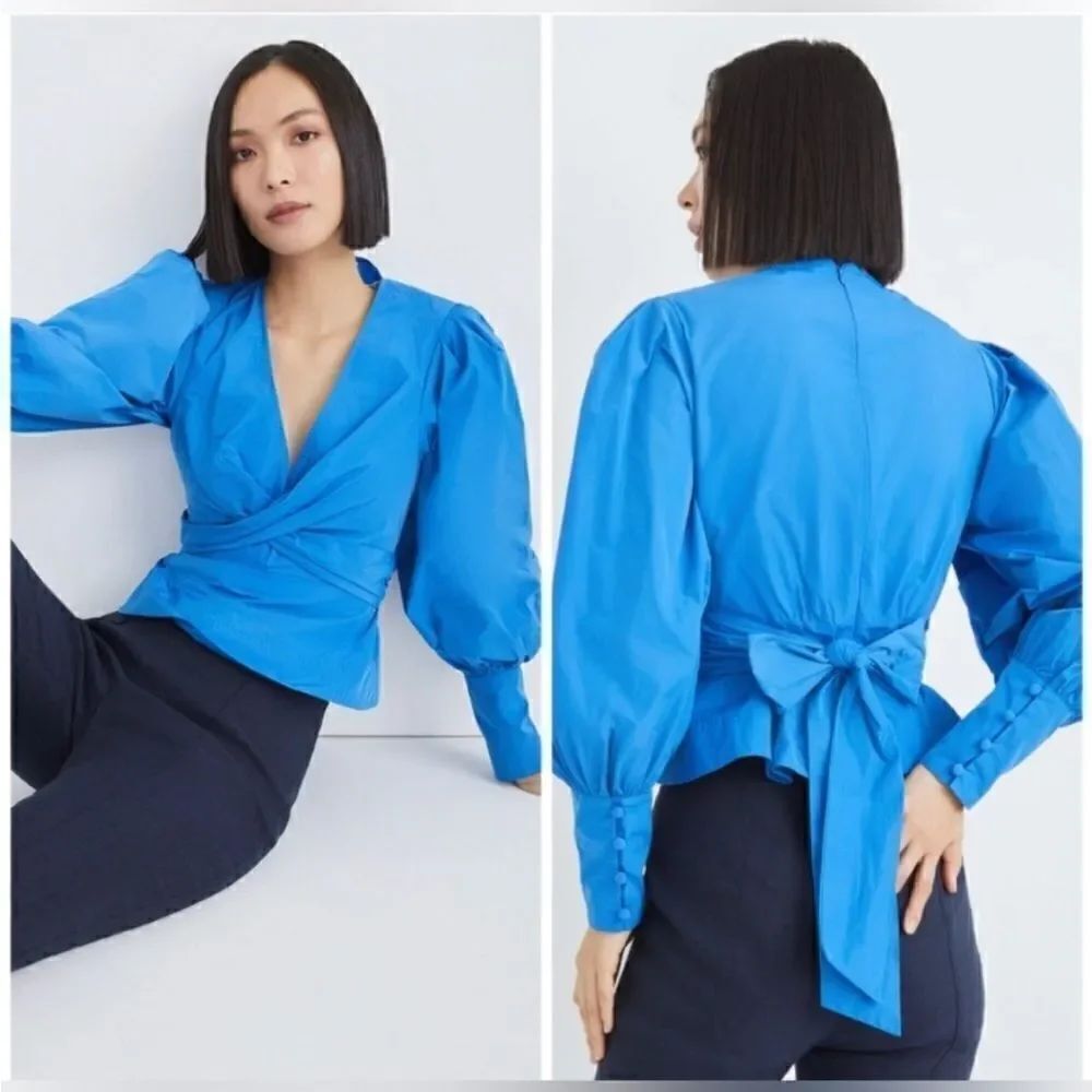 Veronica Beard Seema Puff Sleeve Tie Back Top in Bluebell $398